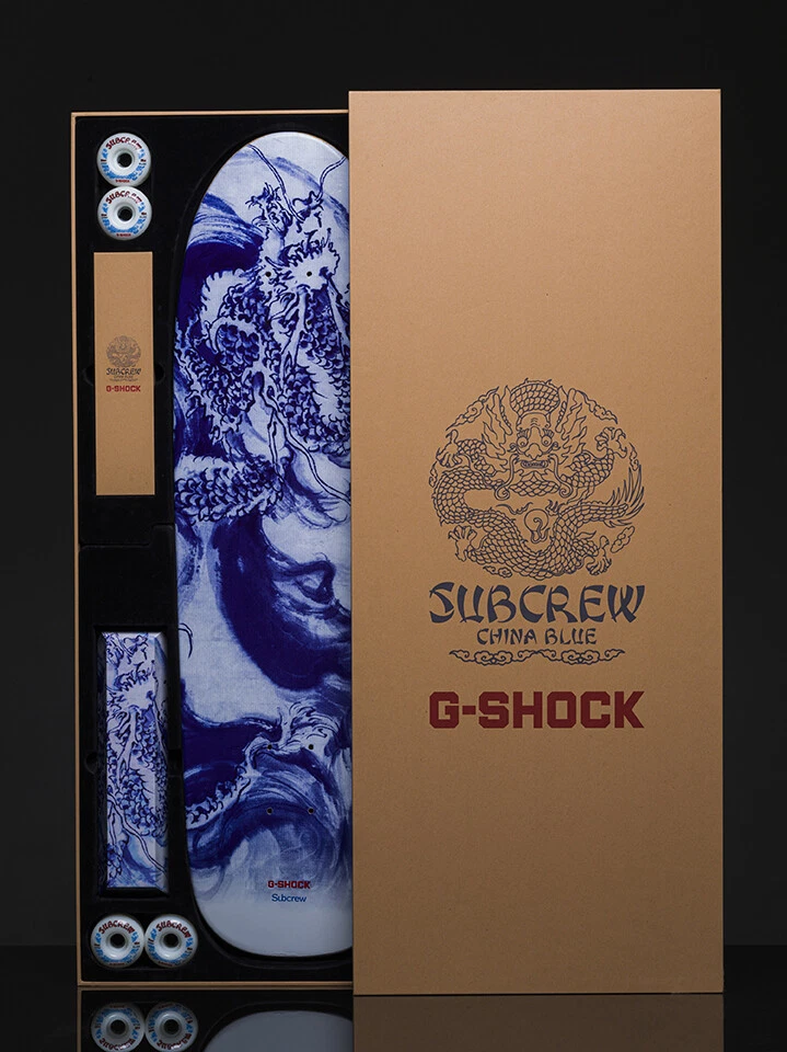 Subcrew x G Shock DW 5600BWP 2PFS blue and white porcelain skateboard and wheel