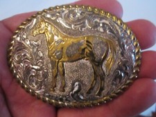 HORSE THEME BELT BUCKLE - 3" X 2 1/4" - HEAVY SILVER PLATED GW4