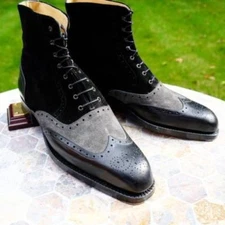 MEN NEW HANDMADE GENUINE DENIM LEATHER SHOES BLACK GREY FORMAL BOOTS