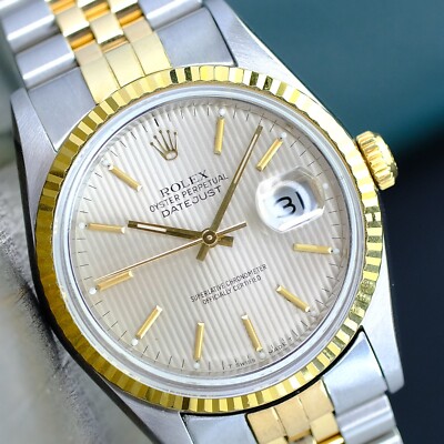 Rolex Mens Datejust Watch Gold Steel Silver Dial Fluted Automatic 36mm 16233