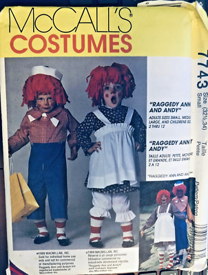 VTG McCall's 7743 Raggedy Ann & Andy ADULT UNISEX Costume SZ 32 ½