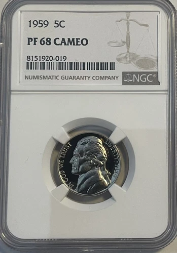 1959 5c PF68 Cameo Jefferson Proof Nickel - NGC
