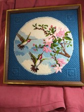 1982 Hummingbird Flowers Counted Cross Stitch Completed Wood Framed Picture