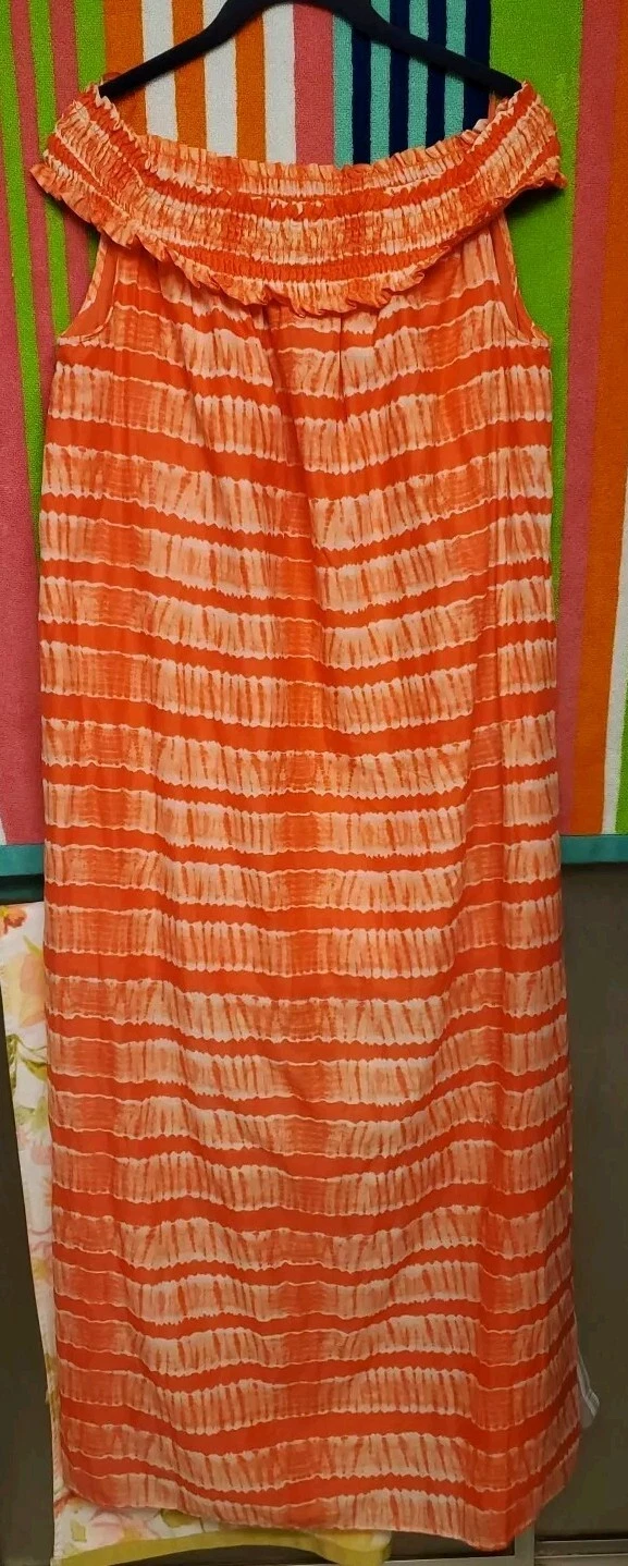 Abito donna Michael Kors tie dye arancione foderato senza maniche maxi tubino taglia L