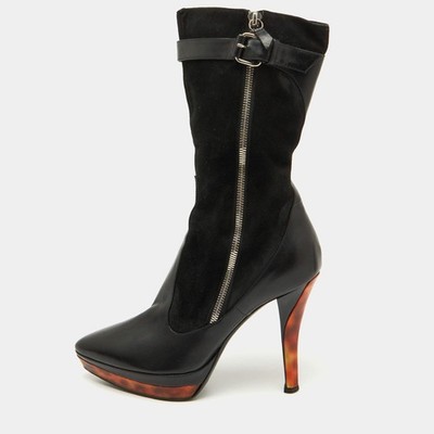 Casadei Black Suede and Leather Platform Ankle Length Boots Size 37.5