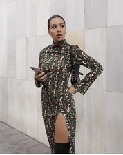 ZARA NWT Green High Collar Paisley Print Midi Slit Dress
