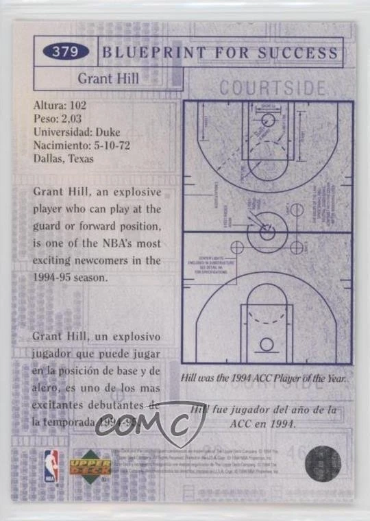 1994 Collector's Choice International Blueprint for Success Grant Hill Rookie RC - Image 2 of 2