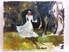 Gothic Surrealism American Courtyard With Woman Oil On Canvas 16x20 Original