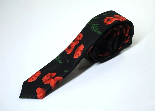 Red Poppy Men Neck Tie Anzac Day Poppy LEST WE FORGET Skinny Black Necktie