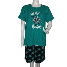 new LAZY ONE Pajama Set, XL, Teal/Navy, Turtley Awesome, Top/Shorts, 2 piece