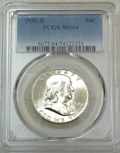 1958-D Franklin Half Dollar PCGS MS64 95% FBL Frosty & Bright New Holder #Y12A