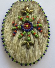 vintage beaded animal hide and hair/fur brooch pin 3x2 1/4"