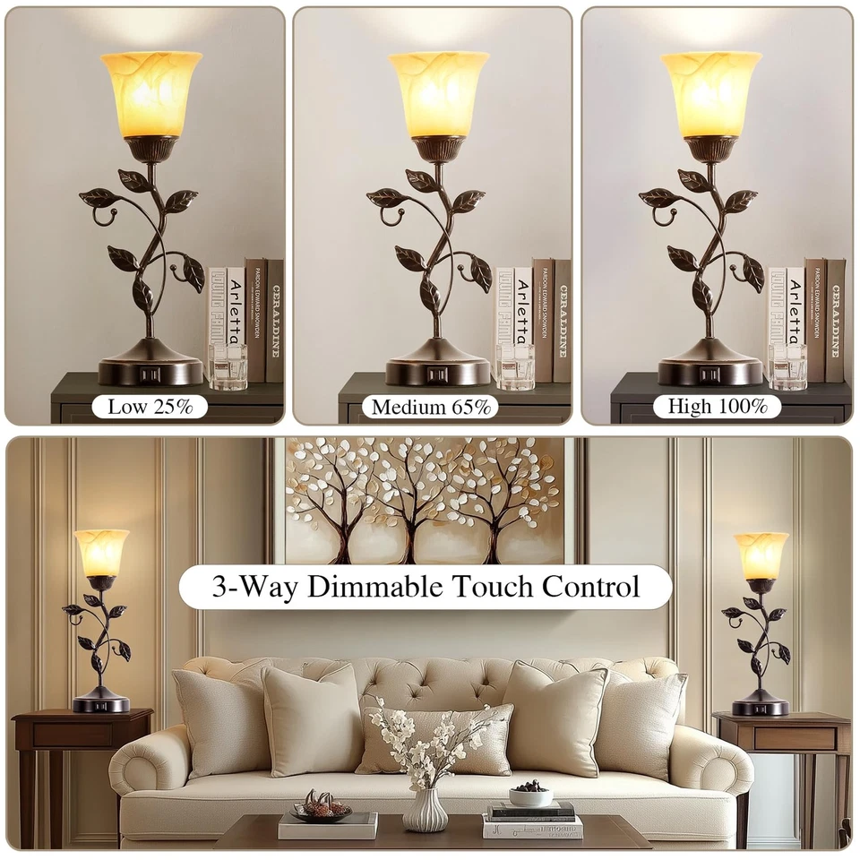 Vintage Bedside Lamp Set of 2 USB Port 3 Way Dimmable Touch Nightstand - Image 3 of 4