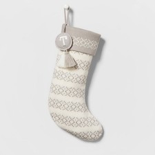 Letter T Knit Fair Isle Monogram Xmas Stocking Neutral Holiday Wondershop Grey