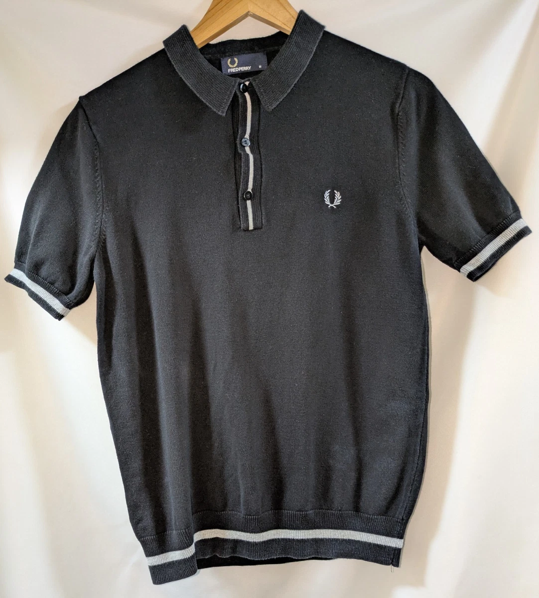 Fred Perry Polo Tricot Negro Con Ribete De Algodón Ajuste Slim Medio M