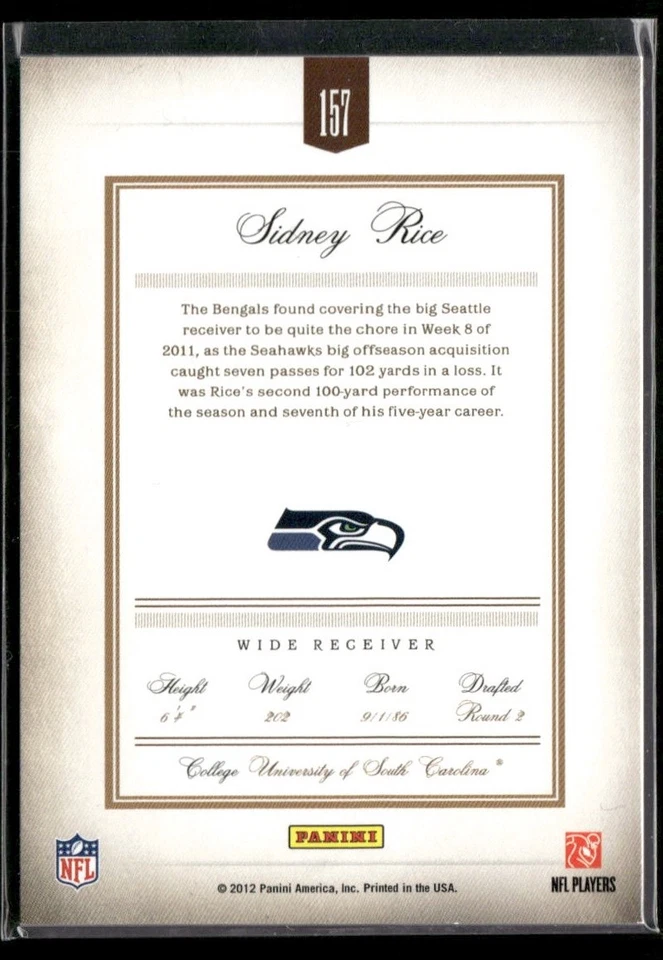 Sidney Rice 2011 Panini Prime Signatures #157 SN Seattle Seahawks - Image 2 of 2