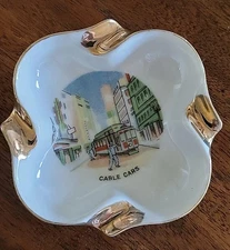 Vtg. White W/ Gold Cable Cars Souvenir Ashtray 3.5 X 3.5 Diameter Made In Japan