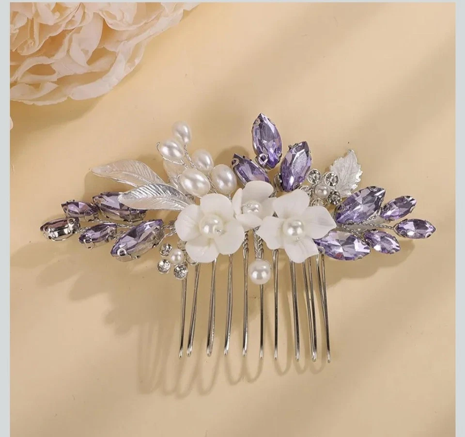 Peine de pelo de cristal de lavanda violeta accesorio novias dama de honor graduación hecho a mano Foto 2 de 4