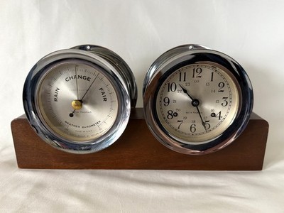 Seth Thomas Corsair E537 Chrome Ship s Bell Clock & Barometer Wood Base