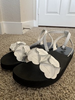 Moncler Floral Strappy Sandals Women's White Black Leather Buckle Rubber Casual