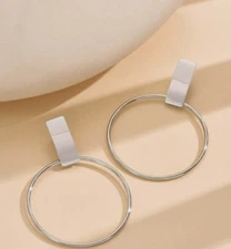 Clip On Hoop Earrings  Round Big Chunky Wide Earrings Silver Tone