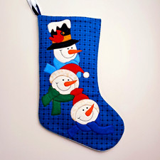   Vtg Quilted Snowman Christmas Stocking Blue Check Family Appliqu 