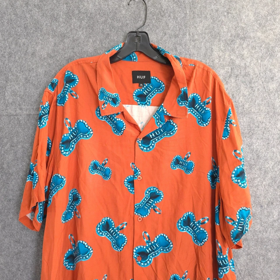 Camisa HUF Camp Cuello Abotonada Manga Corta Resort Patinador Para Hombre XL Perro Naranja Foto 3 de 4