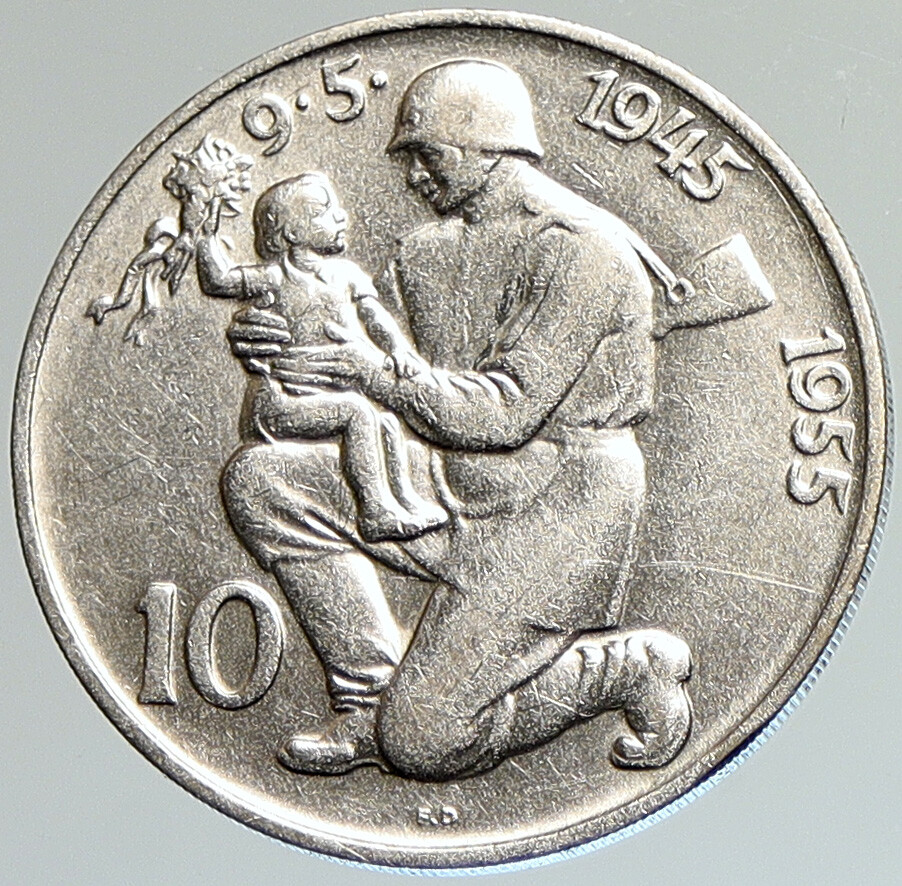 1955 CZECHOSLOVAKIA Soldier & Family LIBERATION Old Silver 10 Korun Coin  i107967
