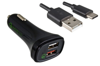DINIC USB KFZ QC3 Ladeadapter + USB C auf A Kabel, 1m Ausg. 1: 5V 2,4A; Ausg. 2: