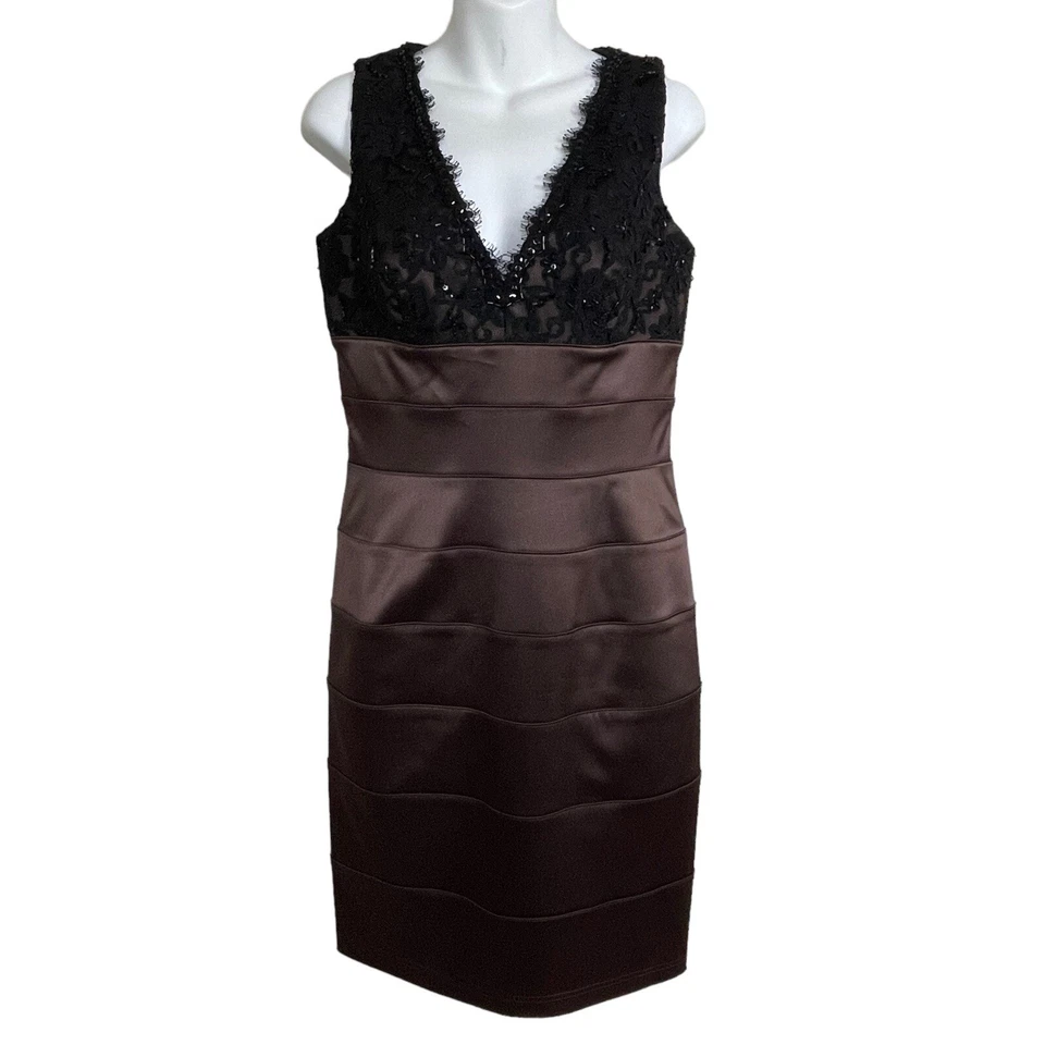 Eliza J 正式婚礼宾客 Mother of the Bride 棕色连衣裙 8 码蕾丝覆盖 — 第 3/4 张图片