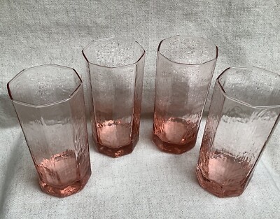 Vintage Libbey Facets 4 Pink Peach Glasses 16 oz Tumbler Textured Octagon 6 1/2 