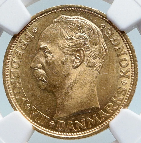 1910 DENMARK King FREDERIK VIII Crown ANTIQUE OLD Gold 20 Kroner Coin NGC i89593