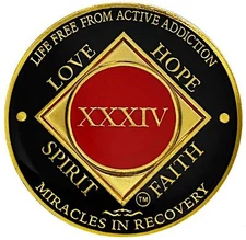 Simply Minimal NA 34 Year Medallion, Narcotics Anonymous Coin, Gold Color Plate