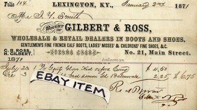 1871 billhead LEXINGTON Kentucky GILBERT & ROSS boots & shoes 21 Main Street