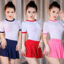 Women Sheer Shiny Satin Bodysuit High Cut Leotard Mini Skirt Pleated Short Dress