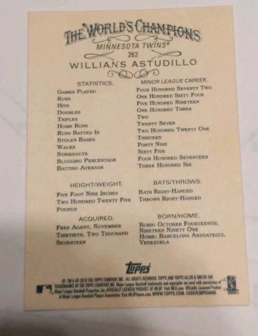 2019 Topps Allen & Ginter Base #262 Willians Astudillo monisota twins rookie - Image 2 of 2