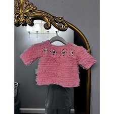 Vtg Handmade Crochet Pink Baby Sweater Dress Sweater  Bonnet Peach 3-6 months