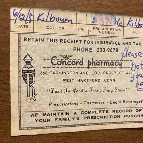 Vintage 60er-70er Jahre Concord Apotheke Rezept Quittung West Hartford CT P1I - Bild 2 von 11