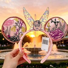 Disney Parks Paris Pink Tinkerbell Fairy Flowers Minnie Mouse Ears Headband US
