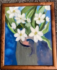Original Painting Of A Vase Of White Flowers On Blue Background Impressionistic