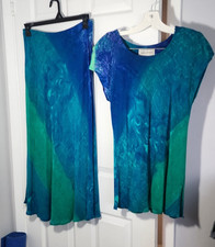 Vintage Karin Stevens flared skirt suit sz 10 cap sleeves blue/green ocean look