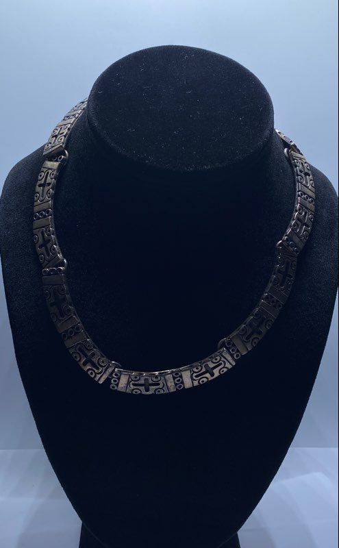 925 Sterling Silver Tested Tribal Geometric Panel Necklace 16" Oxidized 111.5g
