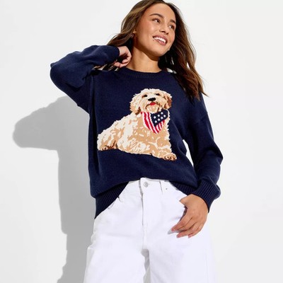 Women Americana Dog Long Sleeve Graphic Pullover Sweater- Blue XL