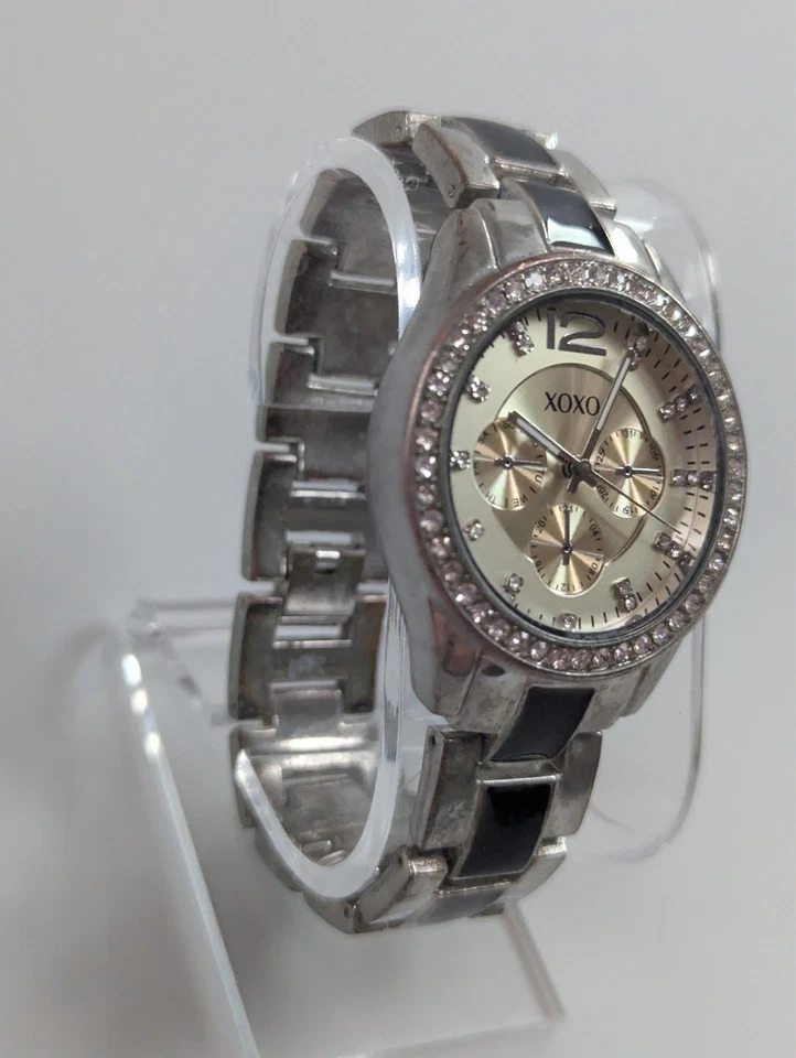 XOXO Gemmed Quartz Watch 42 mm Round Silver Tone Black and Silver Band - Image 4 of 4