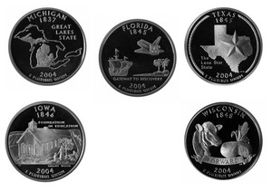 2004-D ***State Quarter MI, FL, TX, IA, WI*** (5) Circulated Clad Coins!