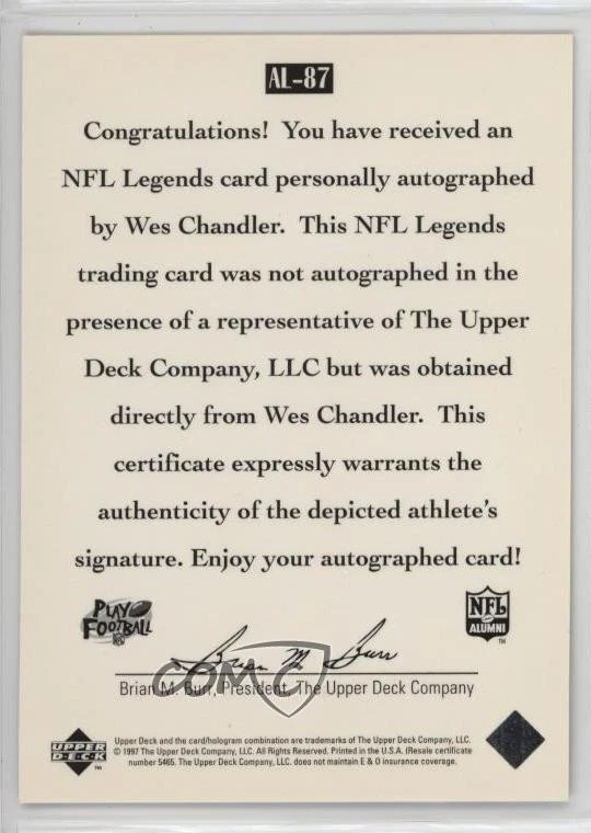 1997 Upper Deck NFL Legends Auto Wes Chandler #AL-87 Auto - Image 2 of 2