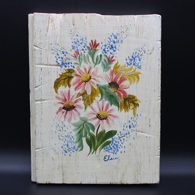 Vtg Floral Bouquet Oil Painting on Wood Board Signed Boho Shabby Chic 9.5'' X 7''