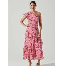 ASTR The Label Victoriana One Shoulder Floral Midi Dress Pink Red - L