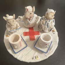 Vintage Miniature Hospital Mice Tea Set Decorative Resin Dr Nurse Patient 1994