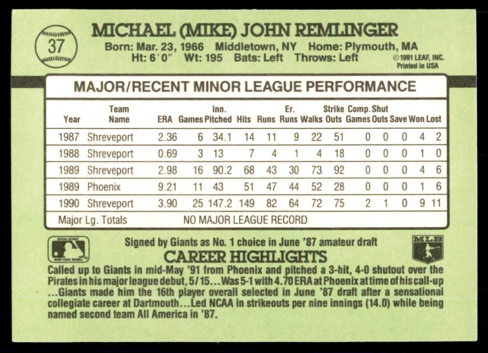 1991 Donruss The Rookies Mike Remlinger Baseball Cards #37 - Image 2 of 2